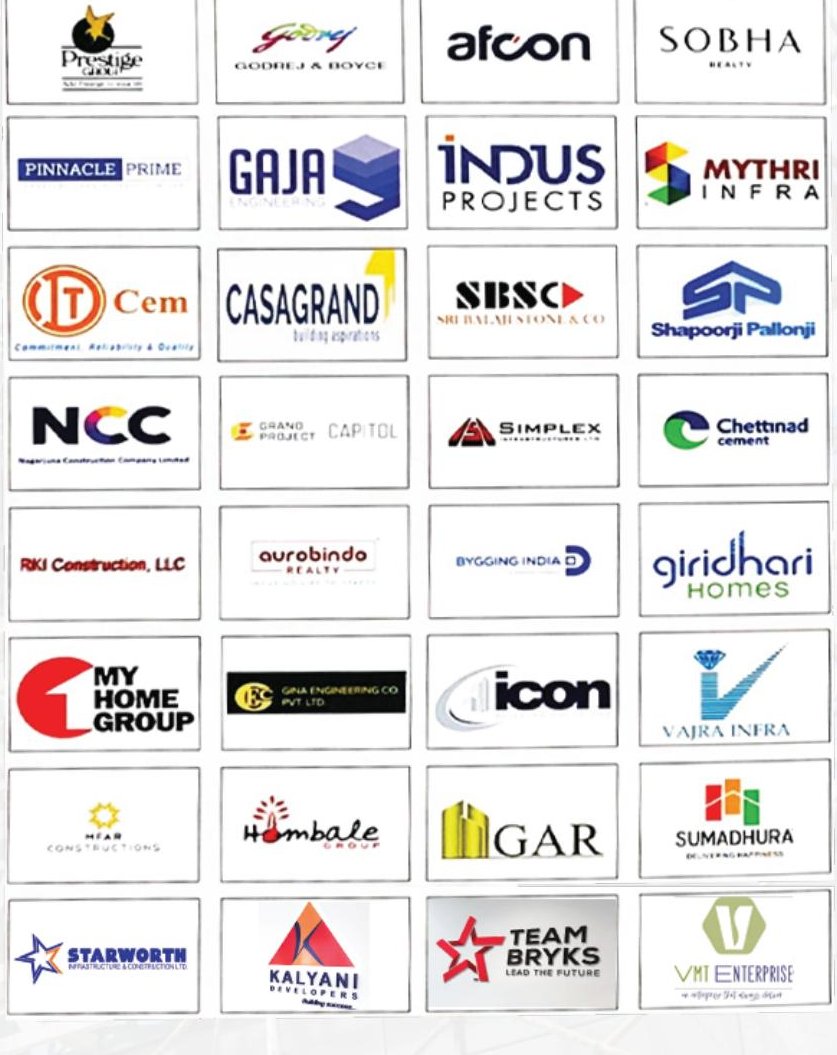 Our clients — Prestige Group, Godrej & Boyce, Afcon, Sobha Realty, Pinnacle Prime, Gaja Engineering, Indus Projects, Mythri Infra, ITD Cem, Casagrand, SBSC, Shapoorji Pallonji, NCC, Grand Project Capitol, Simplex, Chettinad Cement, RKI Construction, Aurobindo Realty, Bygging India, Giridhari Homes, My Home Group, Gina Engineering, Icon, Vajra Infra, HFAR Constructions, Hombale Group, GAR, Sumadhura, Starworth, Kalyani Developers, Team Bryks, VMT Enterprise