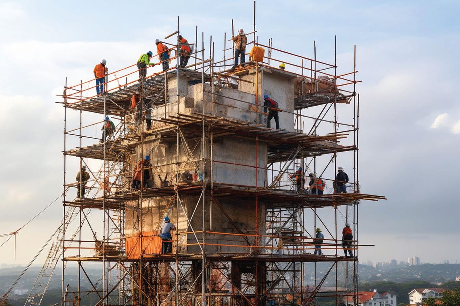 Workers on a Shiv Scaffolding tower